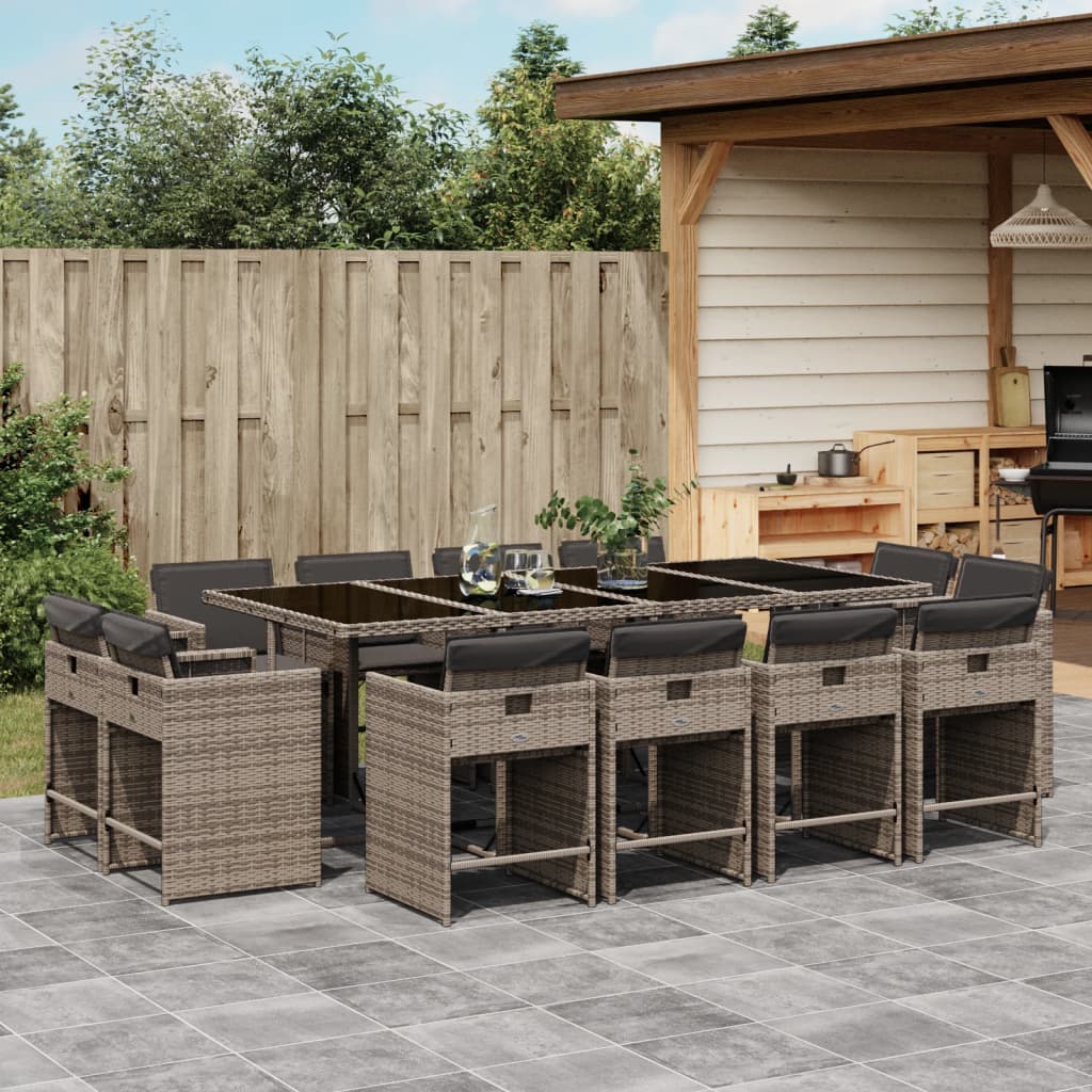 Set Da Pranzo Da Giardino 13pz Con Cuscini Grigio In Polyrattan