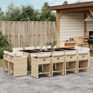 Set Da Pranzo Da Giardino 13 Pz Con Cuscini Beige In Polyrattan