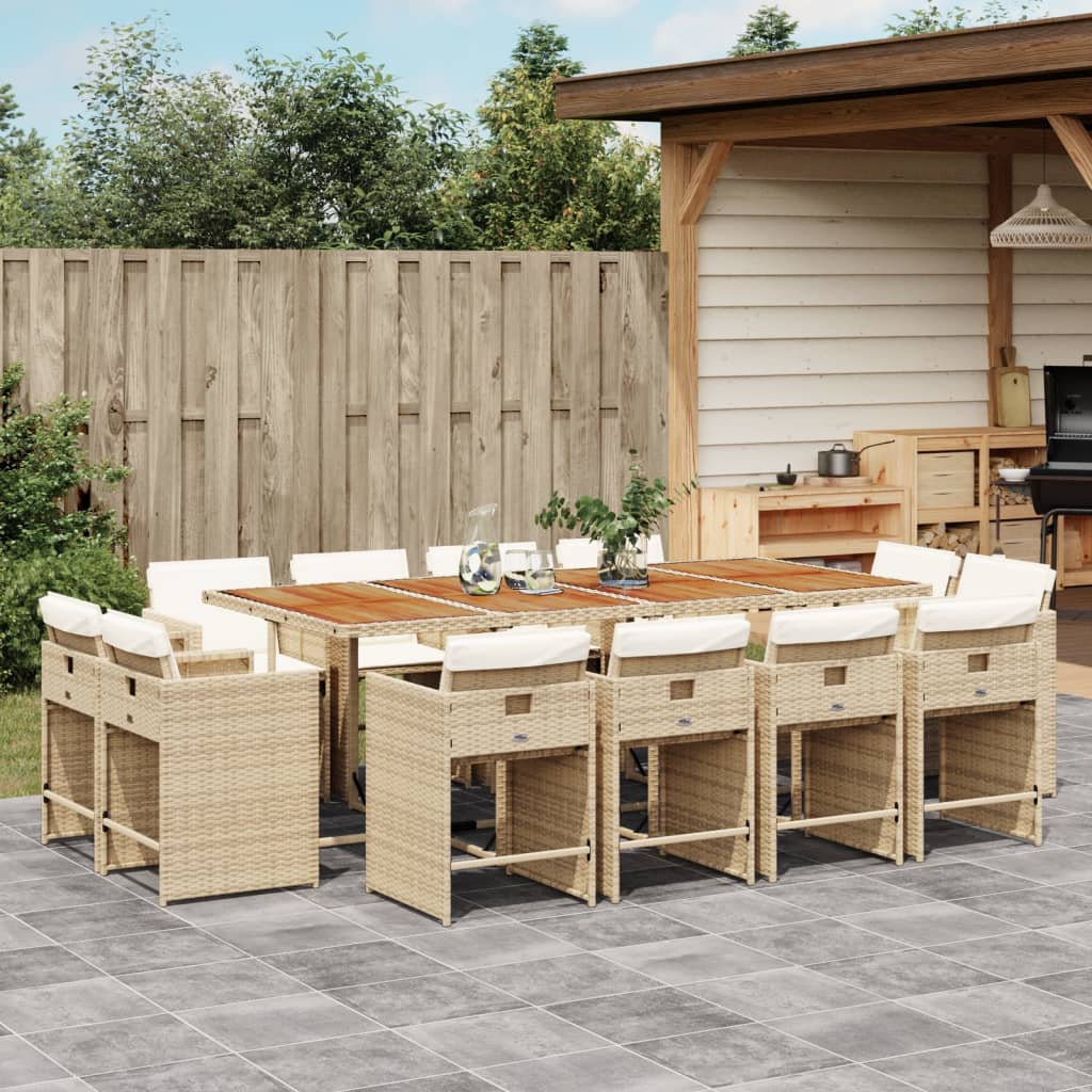 Set Da Pranzo Da Giardino 13 Pz Con Cuscini Beige In Polyrattan