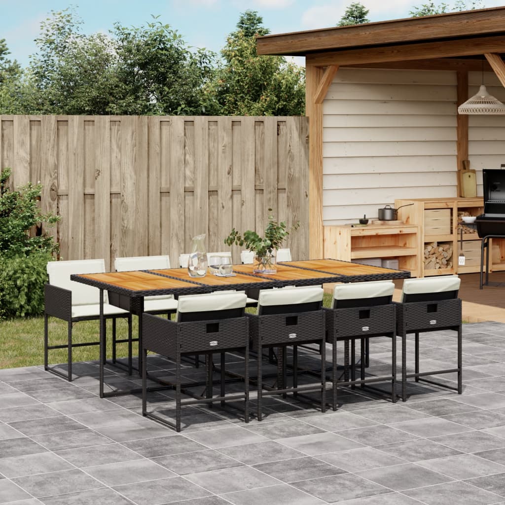 Set Da Pranzo Da Giardino 9 Pz Con Cuscini Nero In Polyrattan