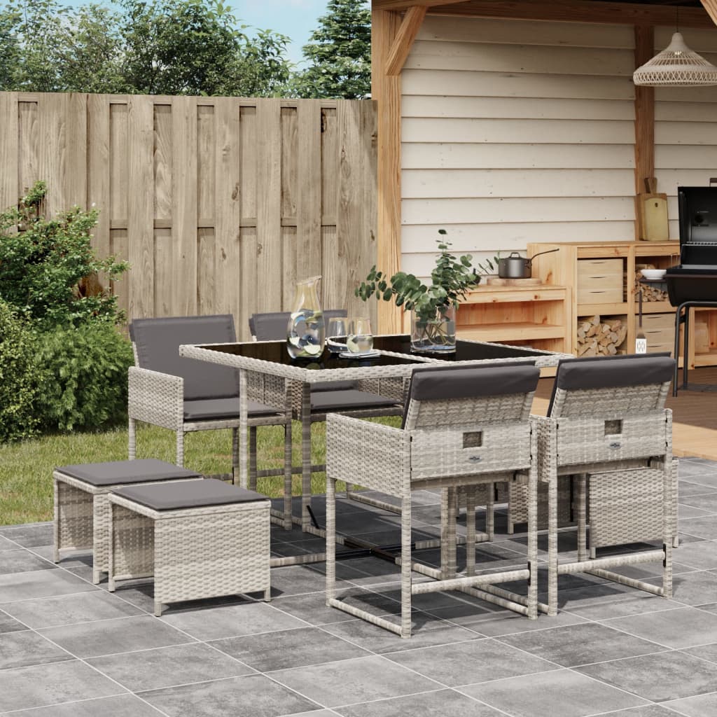 Set Pranzo Da Giardino 9pz Con Cuscini Grigio Chiaro Polyrattan