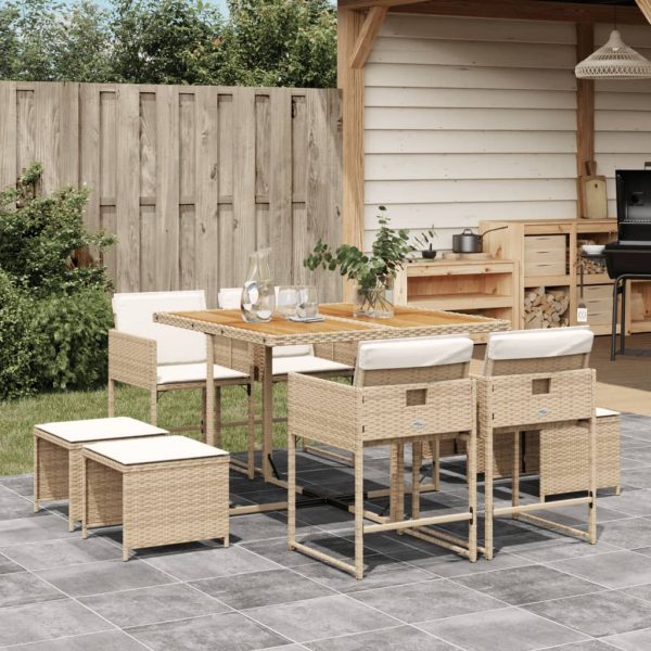Set Da Pranzo Da Giardino 9 Pz Con Cuscini Beige In Polyrattan
