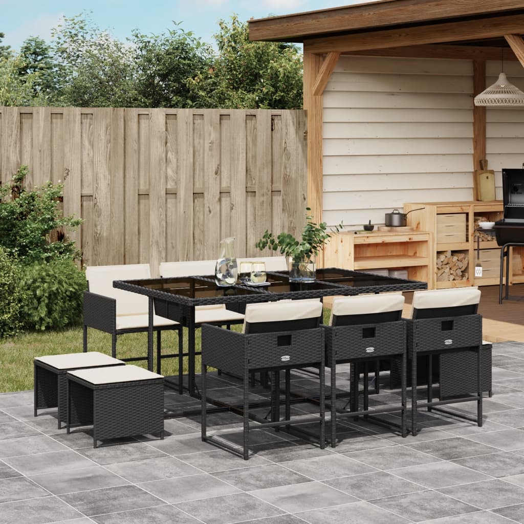 Set Da Pranzo Da Giardino 11 Pz Con Cuscini In Polyrattan Nero