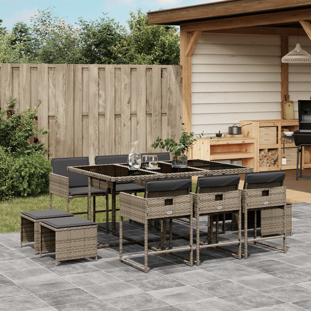 Set Da Pranzo Da Giardino 11pz Con Cuscini In Polyrattan Grigio