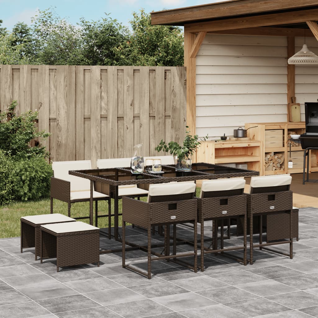 Set Da Pranzo Da Giardino 11 Pz Con Cuscini Polyrattan Marrone