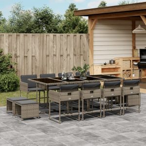Set Da Pranzo Da Giardino 13pz Con Cuscini Grigio In Polyrattan