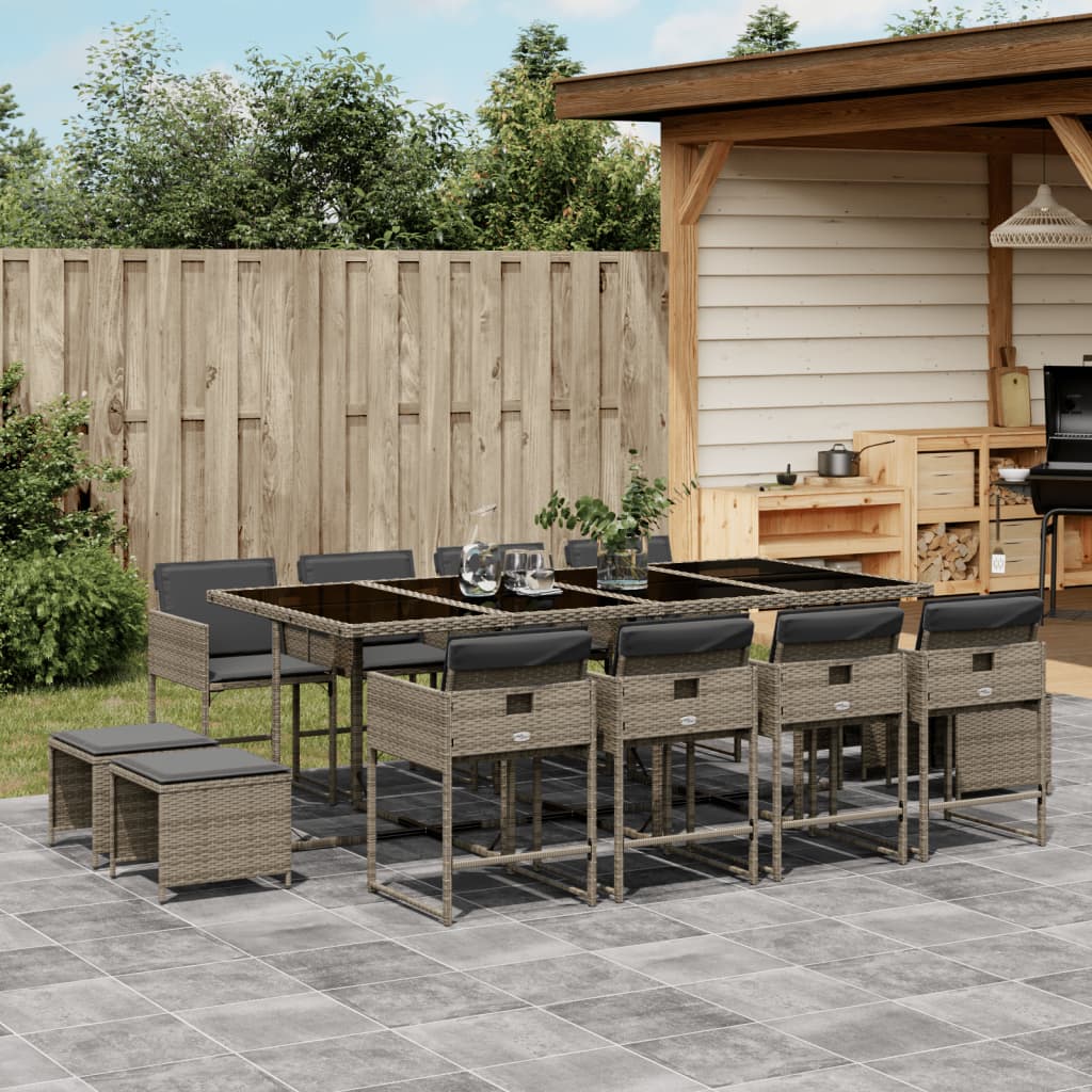 Set Da Pranzo Da Giardino 13pz Con Cuscini Grigio In Polyrattan