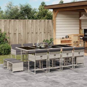 Set Da Pranzo Da Giardino 13pz Con Cuscini Grigio In Polyrattan