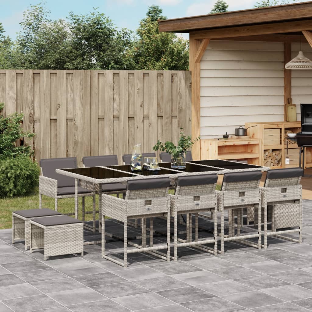 Set Da Pranzo Da Giardino 13pz Con Cuscini Grigio In Polyrattan