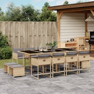 Set Pranzo Da Giardino 13 Pz Con Cuscini Beige Misto Polyrattan