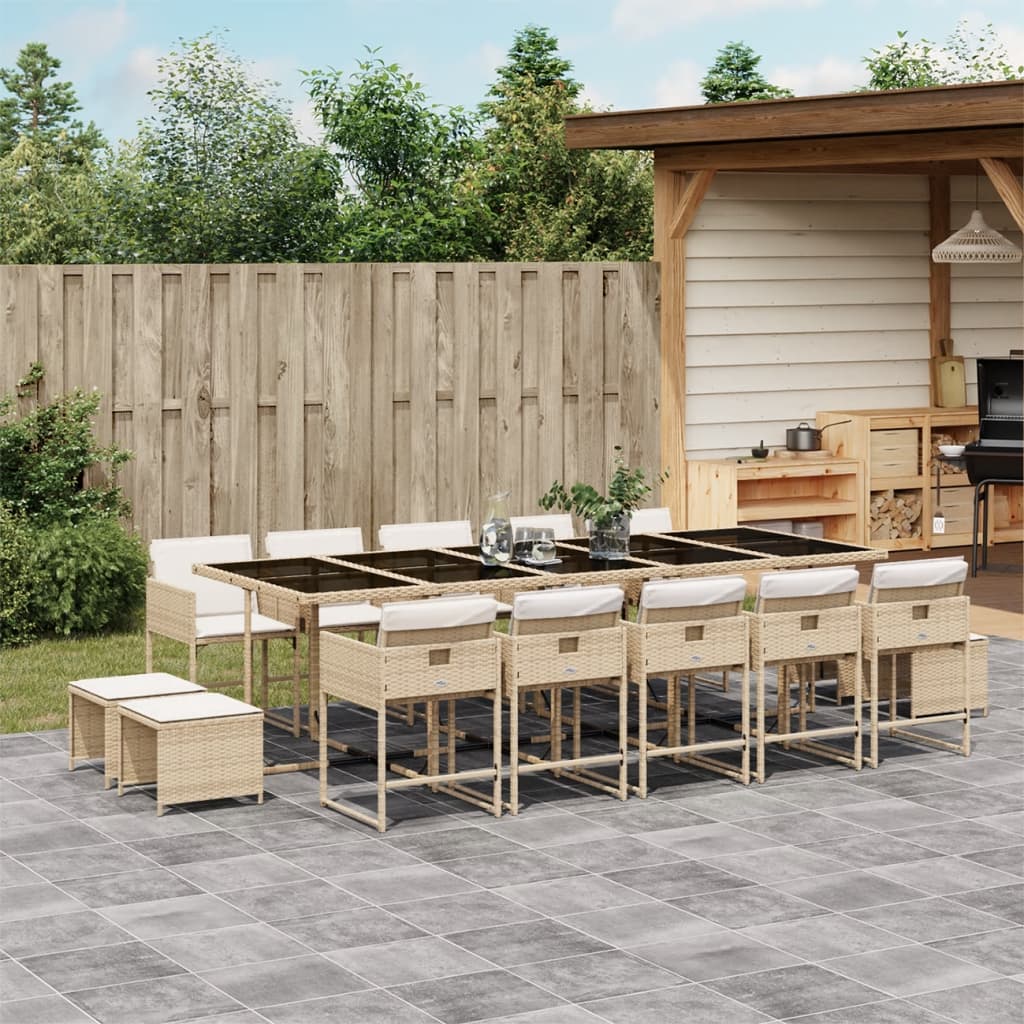 Set Da Pranzo Da Giardino 15 Pz Con Cuscini Beige In Polyrattan