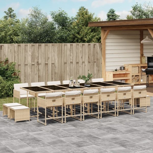 Set Da Pranzo Da Giardino 17 Pz Con Cuscini Beige In Polyrattan
