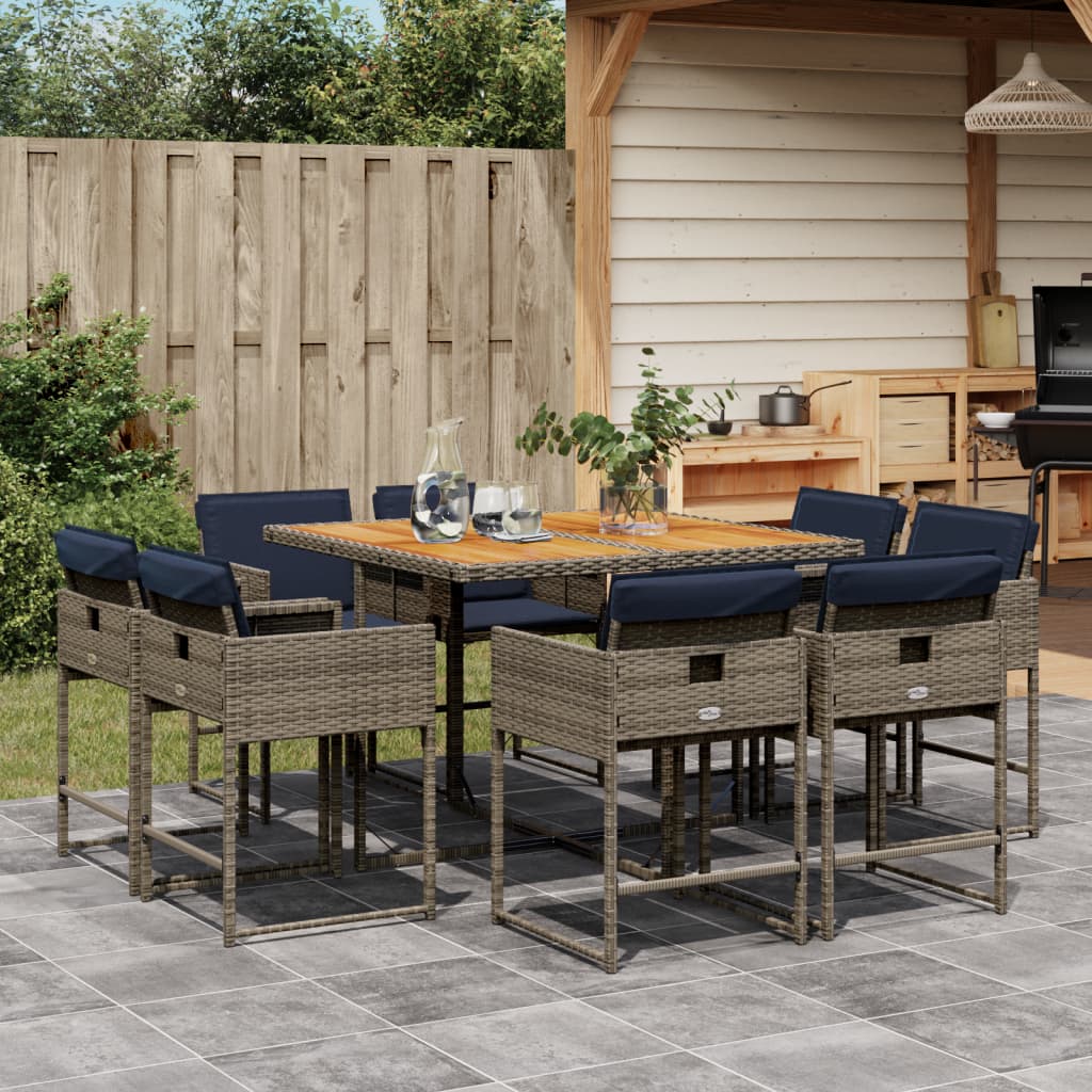 Set Da Pranzo Da Giardino 9 Pz Con Cuscini In Polyrattan Grigio