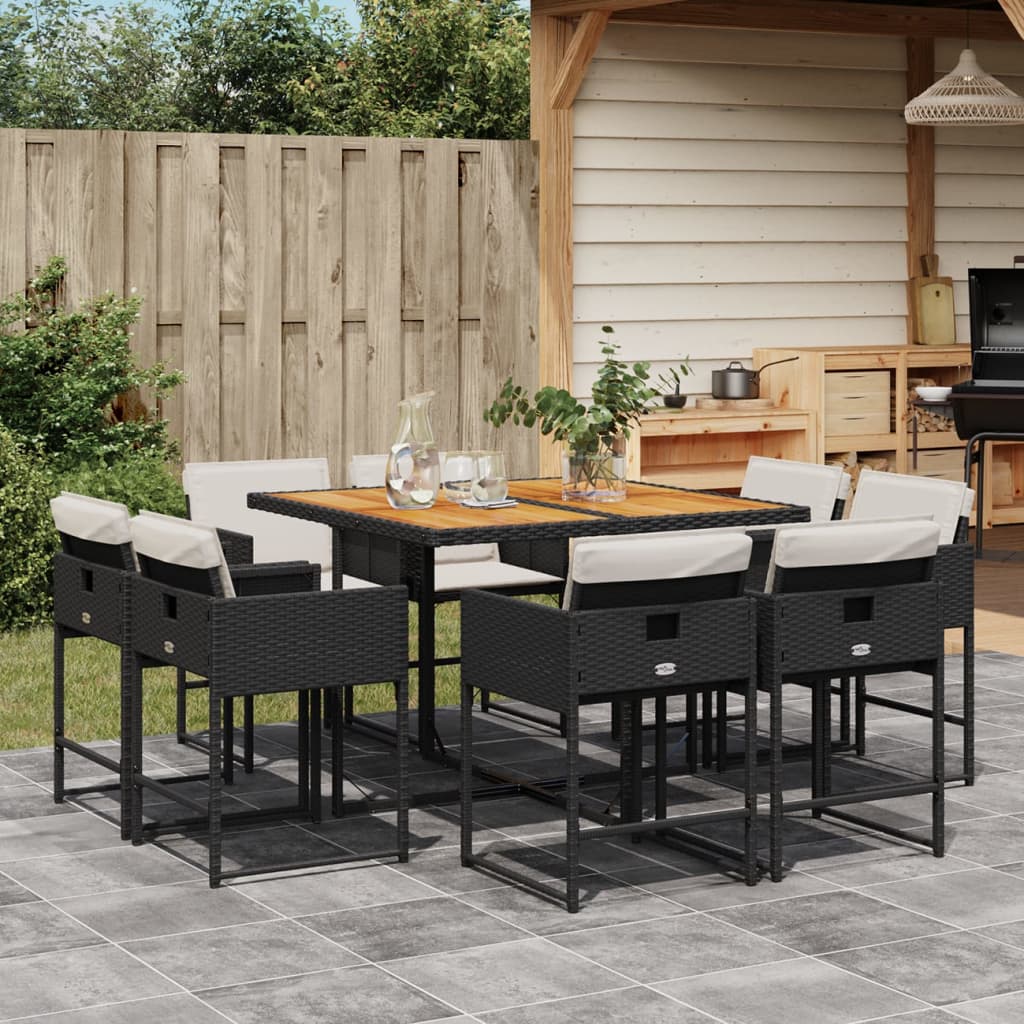 Set Da Pranzo Da Giardino 9 Pz Con Cuscini Nero In Polyrattan