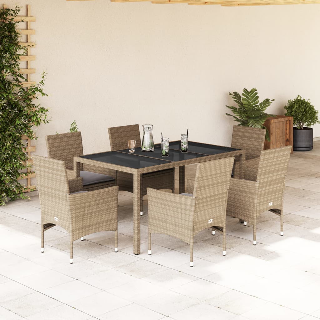 Set Da Pranzo Da Giardino 7 Pz Con Cuscini Polyrattan E Vetro