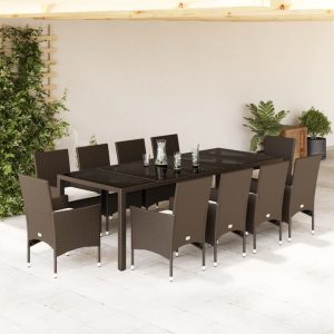 Set Da Pranzo Da Giardino 11 Pz Con Cuscini Polyrattan E Vetro