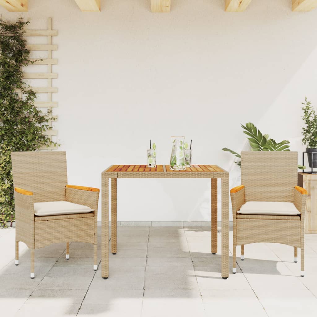 Set Pranzo Da Giardino 3pz Con Cuscini Beige Polyrattan Acacia