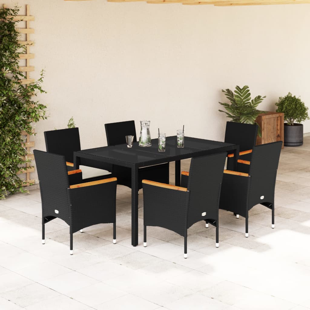 Set Pranzo Da Giardino 7 Pz Nero Con Cuscini Polyrattan Acacia