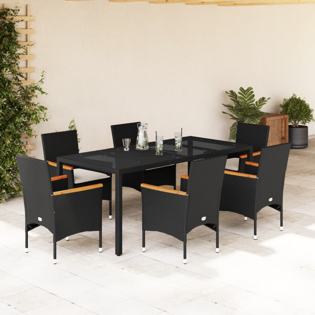 Set Pranzo Da Giardino 7 Pz Nero Con Cuscini Polyrattan Acacia