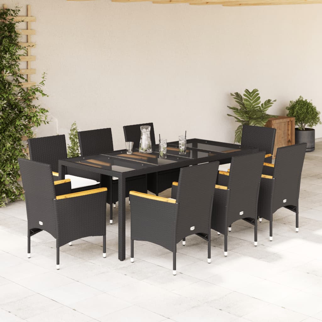 Set Da Pranzo Da Giardino 9 Pz Con Cuscini Polyrattan E Vetro