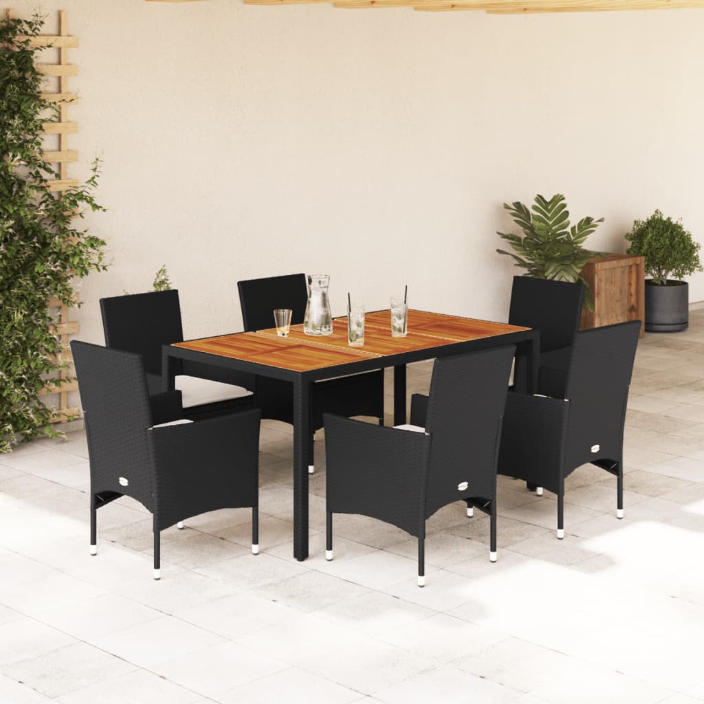 Set Pranzo Da Giardino 7 Pz Nero Con Cuscini Polyrattan Acacia