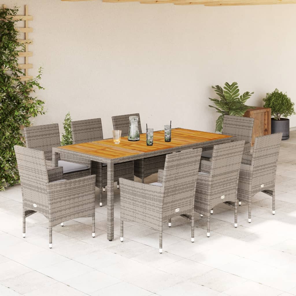 Set Pranzo Da Giardino 9pz Con Cuscini Polyrattan Acacia Grigio