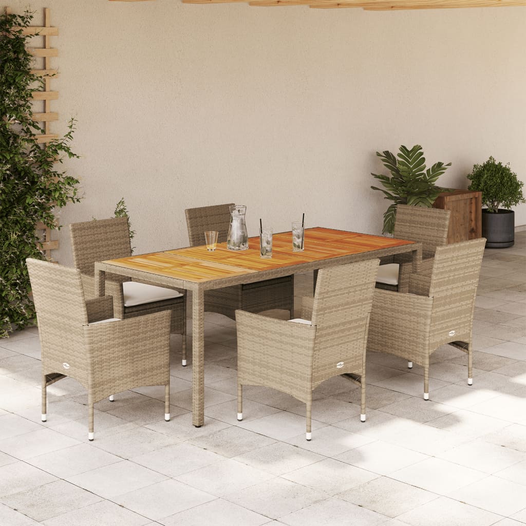 Set Pranzo Da Giardino 7 Pz Con Cuscini Beige Polyrattan Acacia