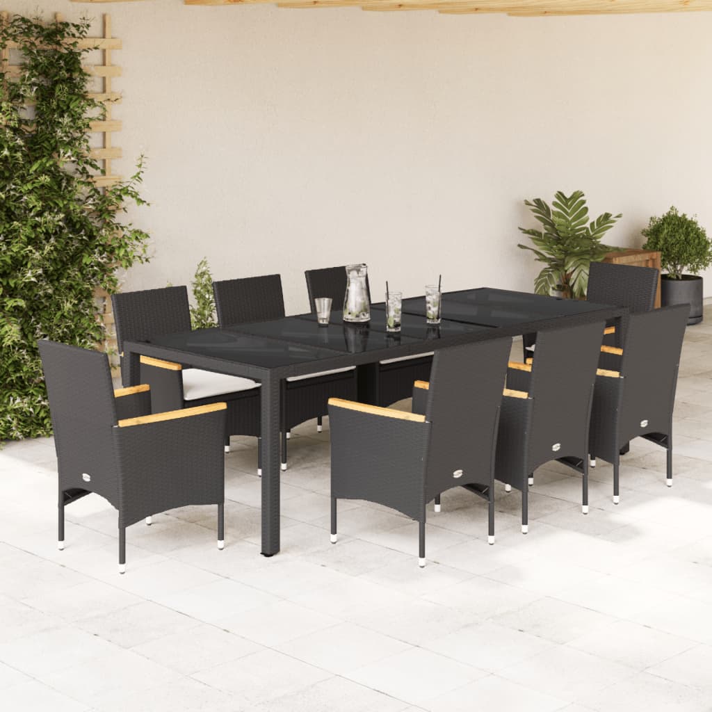Set Da Pranzo Da Giardino 9 Pz Con Cuscini Polyrattan E Vetro