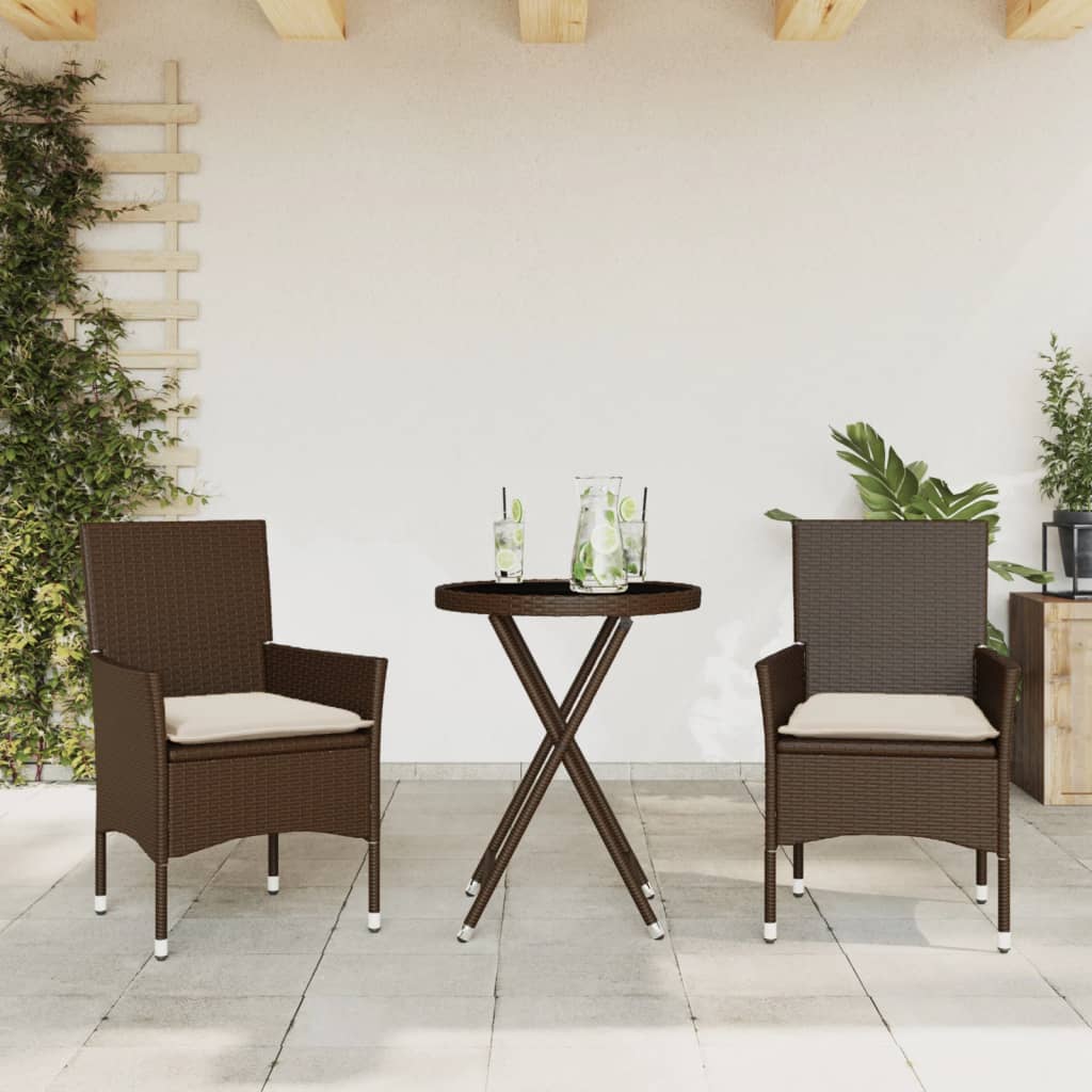 Set Bistrò 3 Pz Con Cuscini Marrone Polyrattan E Vetro