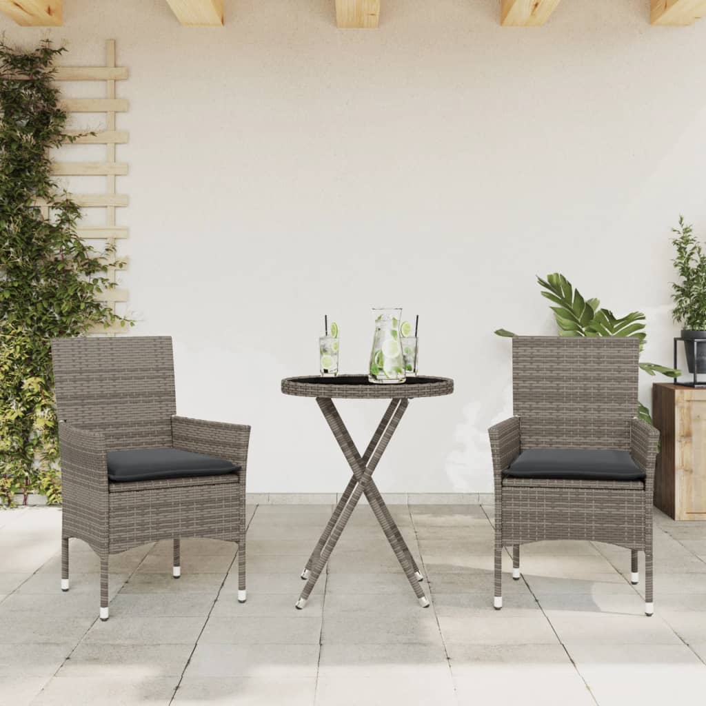 Set Da Bistrò 3 Pz Con Cuscini Grigio Polyrattan E Vetro