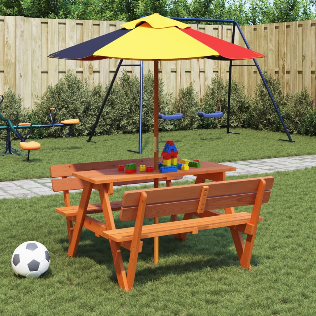 Tavolo Da Picnic Per 4 Bambini Con Ombrellone Legno Di Abete