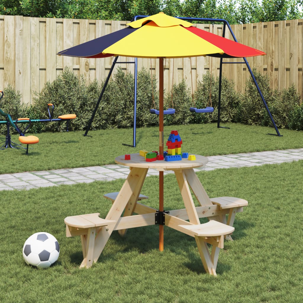 Tavolo Picnic Per 4 Bambini Con Ombrellone Rotondo Legno Abete
