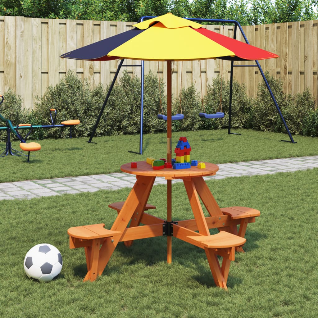 Tavolo Picnic Per 4 Bambini Con Ombrellone Rotondo Legno Abete