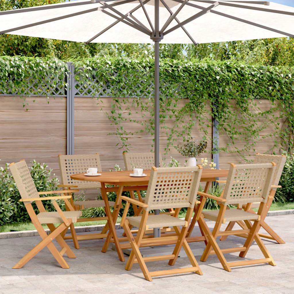 Set Pranzo Da Giardino 7 Pz Beige Polyrattan E Legno Massello