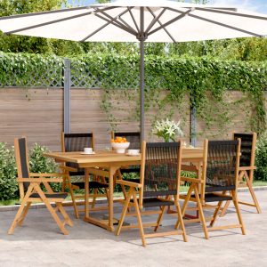 Set Pranzo Da Giardino 7 Pz Nero Polyrattan E Legno Massello