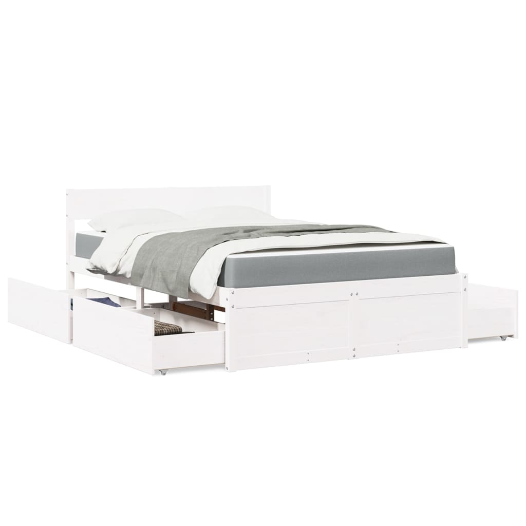 Letto Cassetti E Materasso Bianco 140x190cm Legno Massello Pino
