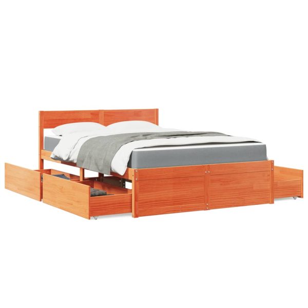 Letto Cassetti E Materasso Marrone Cera 140x190cm Massello Pino