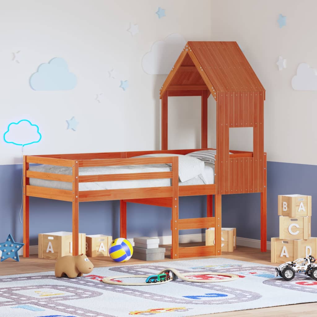 Letto A Soppalco Con Tetto Cera 90x190cm Legno Massello Di Pino