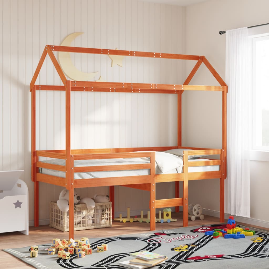 Letto A Soppalco Con Tetto Marrone Cera 90x200 Cm Legno Di Pino