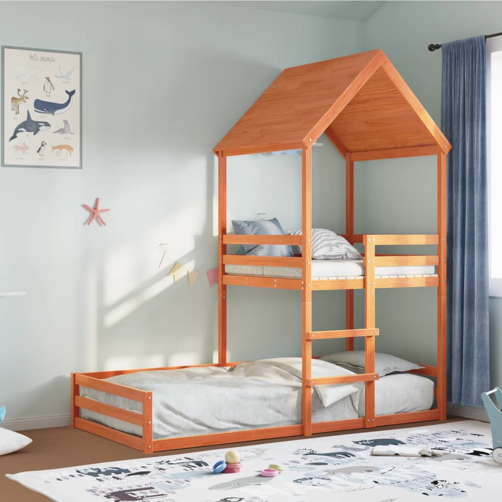 Letto A Castello Con Tetto Marrone Cera 90x190 Cm Massello Pino