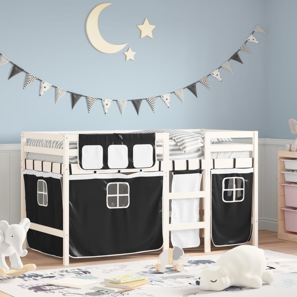 Letto A Soppalco Con Tende Bambini Bianco E Nero 80x200 Cm Pino