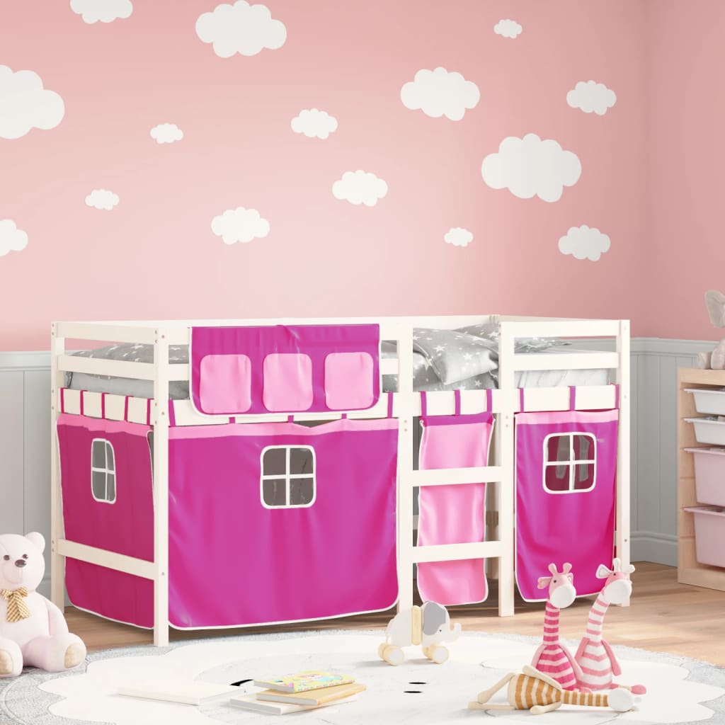Letto A Soppalco Con Tende Bambini Rosa 80x200 Cm Massello Pino