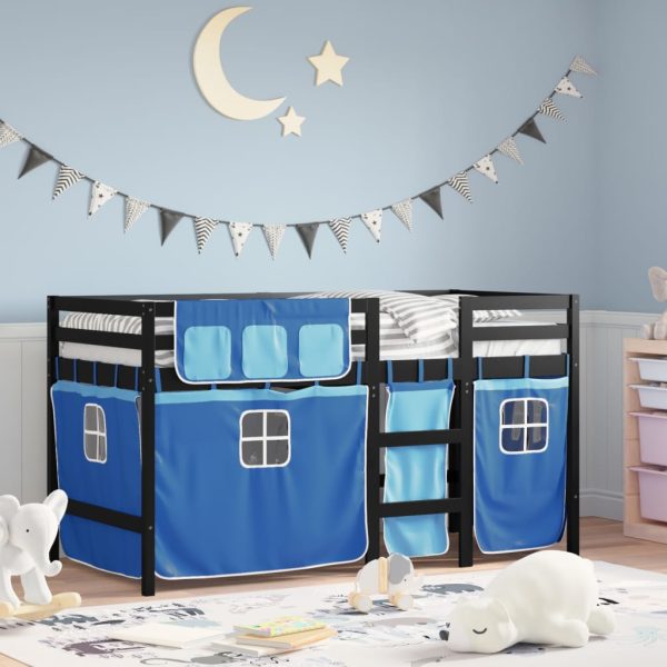 Letto A Soppalco Con Tende Bambini Blu 80x200 Cm Massello Pino