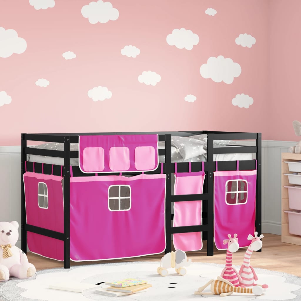 Letto A Soppalco Con Tende Bambini Rosa 80x200 Cm Massello Pino