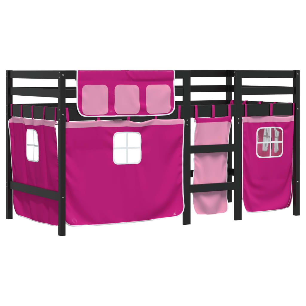 Letto A Soppalco Con Tende Bambini Rosa 80x200 Cm Massello Pino - Image 3
