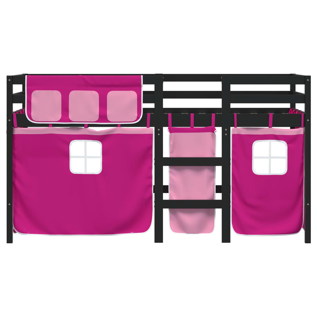 Letto A Soppalco Con Tende Bambini Rosa 80x200 Cm Massello Pino - Image 4