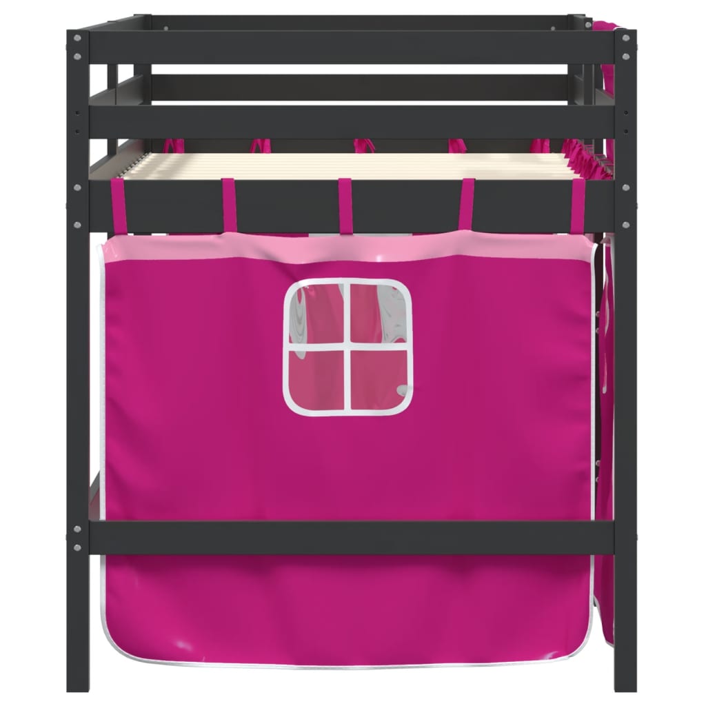 Letto A Soppalco Con Tende Bambini Rosa 80x200 Cm Massello Pino - Image 5