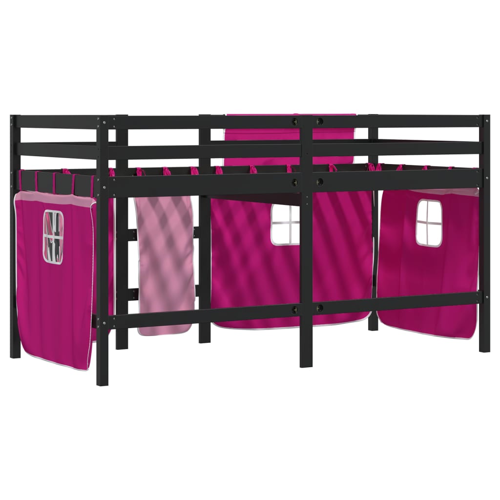 Letto A Soppalco Con Tende Bambini Rosa 80x200 Cm Massello Pino - Image 6