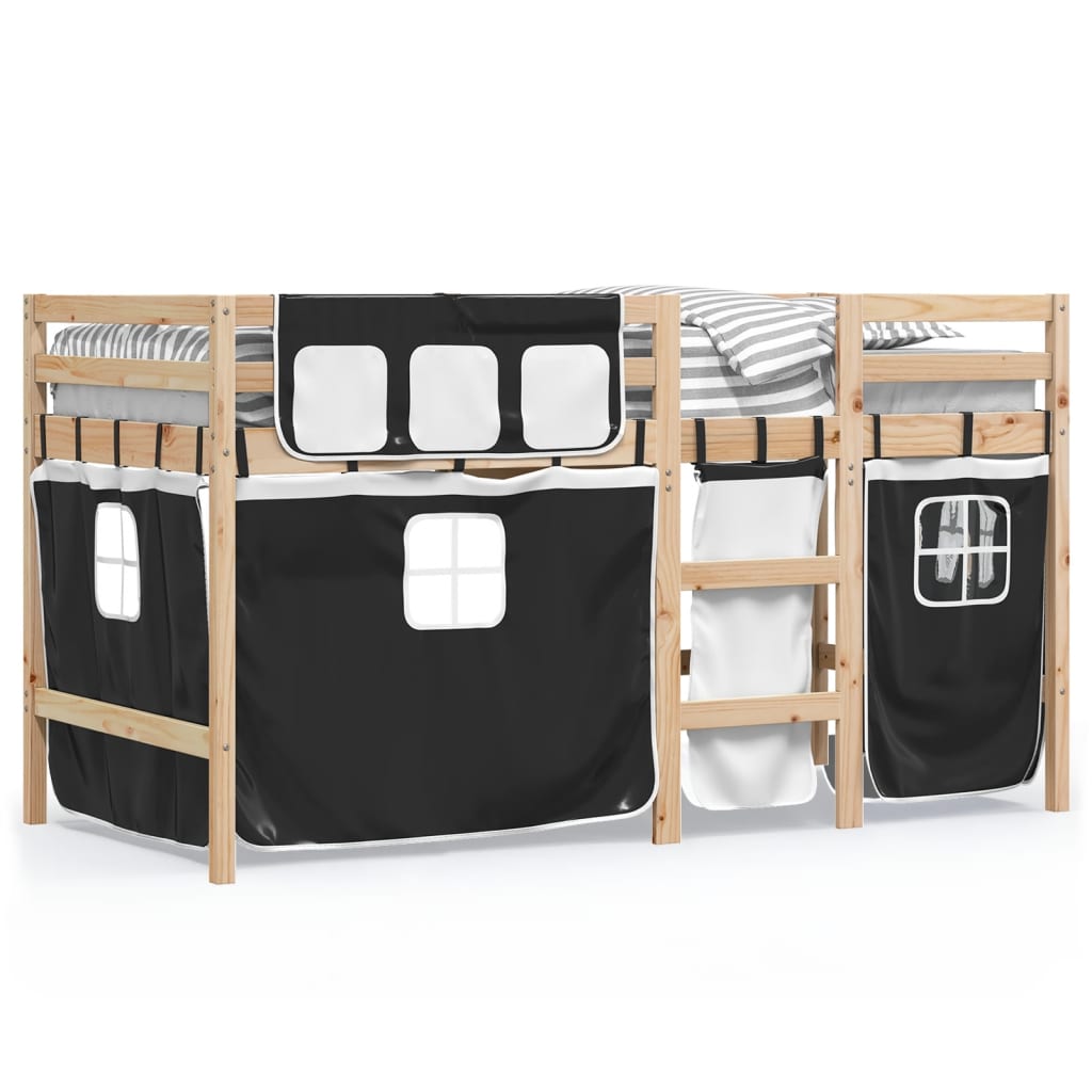 Letto A Soppalco Con Tende Bambini Bianco E Nero 90x200 Cm Pino - Image 2