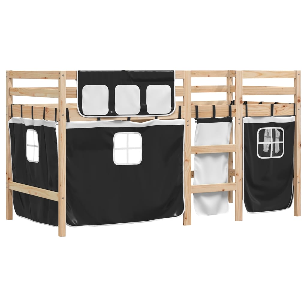 Letto A Soppalco Con Tende Bambini Bianco E Nero 90x200 Cm Pino - Image 3